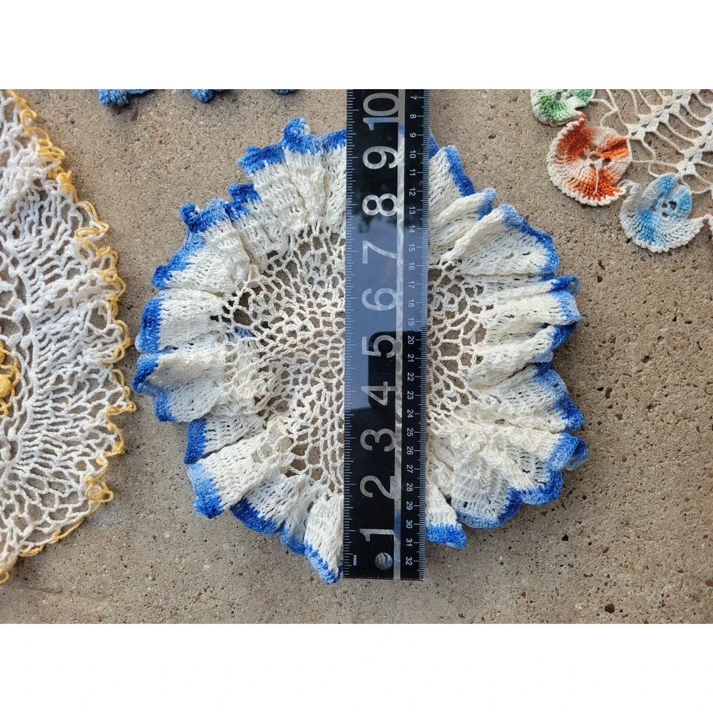 Lot 4 Vintage Hand Crocheted Doilies Round Multi Color Ruffled Lace Flowers-Read